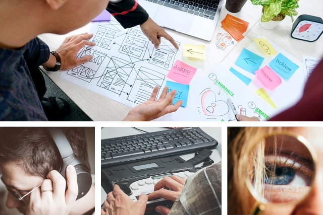 Collage of images showing UX team designing user interactions and 3 user types on the bottom.